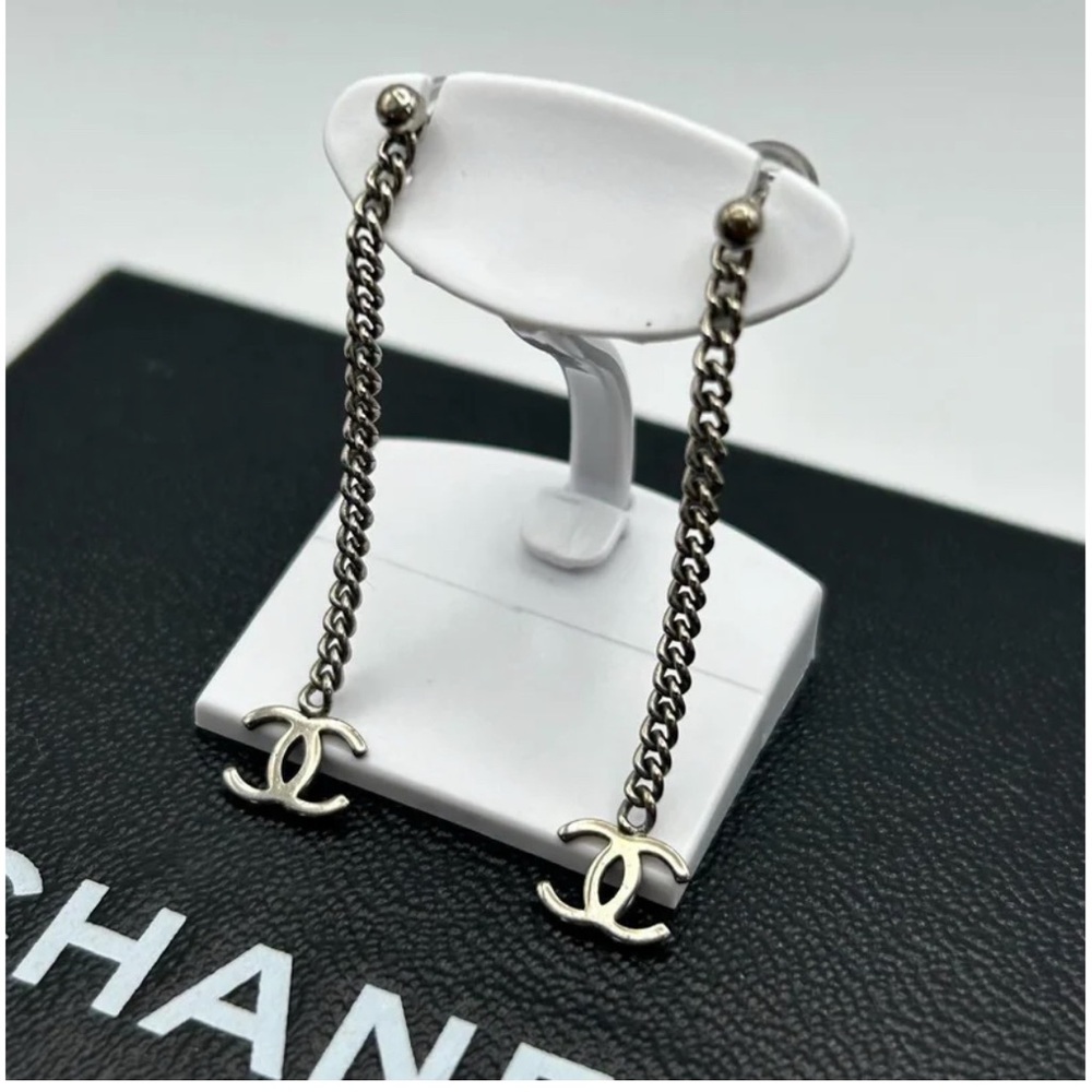 CHANEL Chain Drop Coco Mark Charm Pierced Earrings Silver